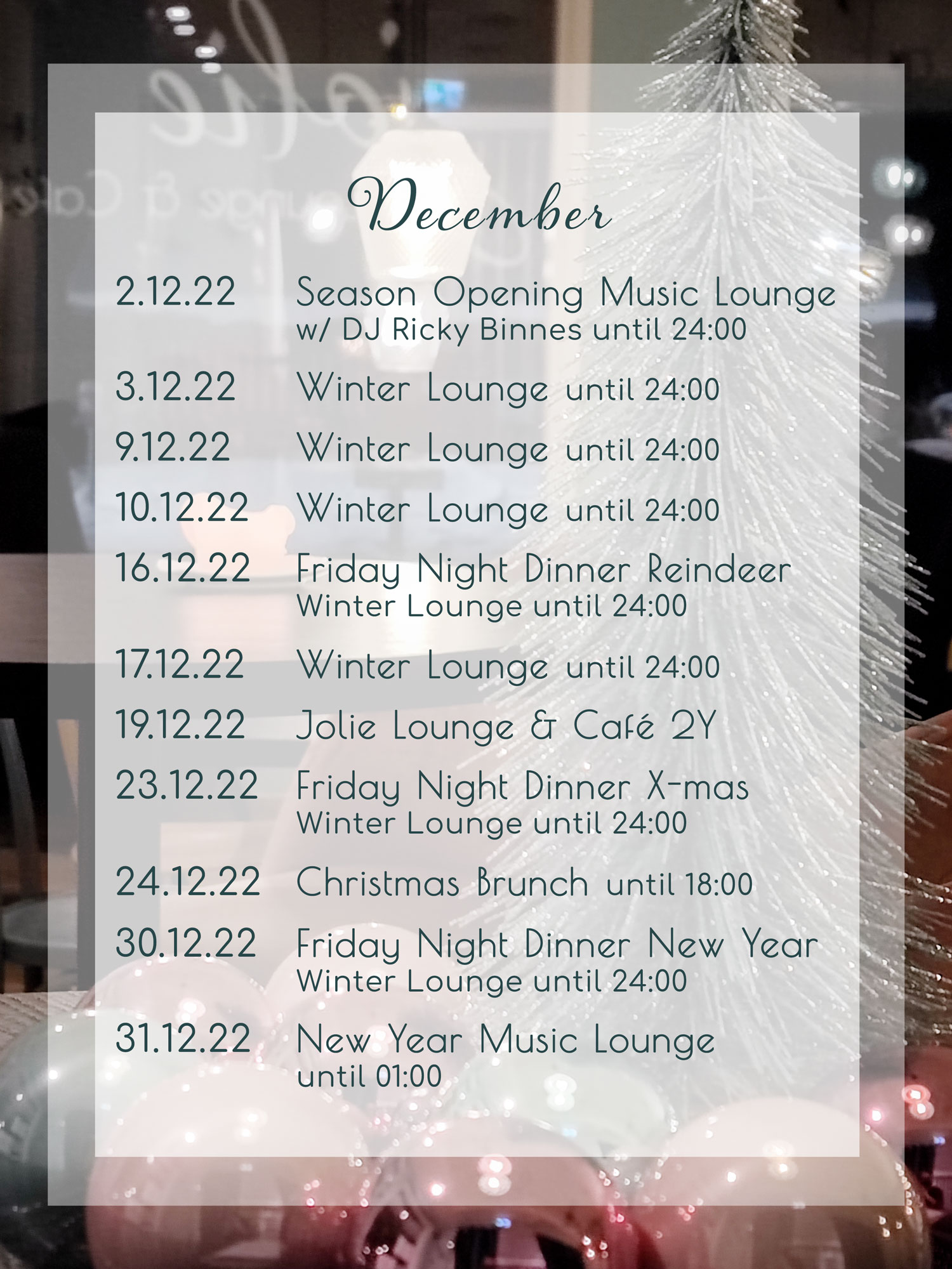 Jolie Lounge & Café Events December 2022