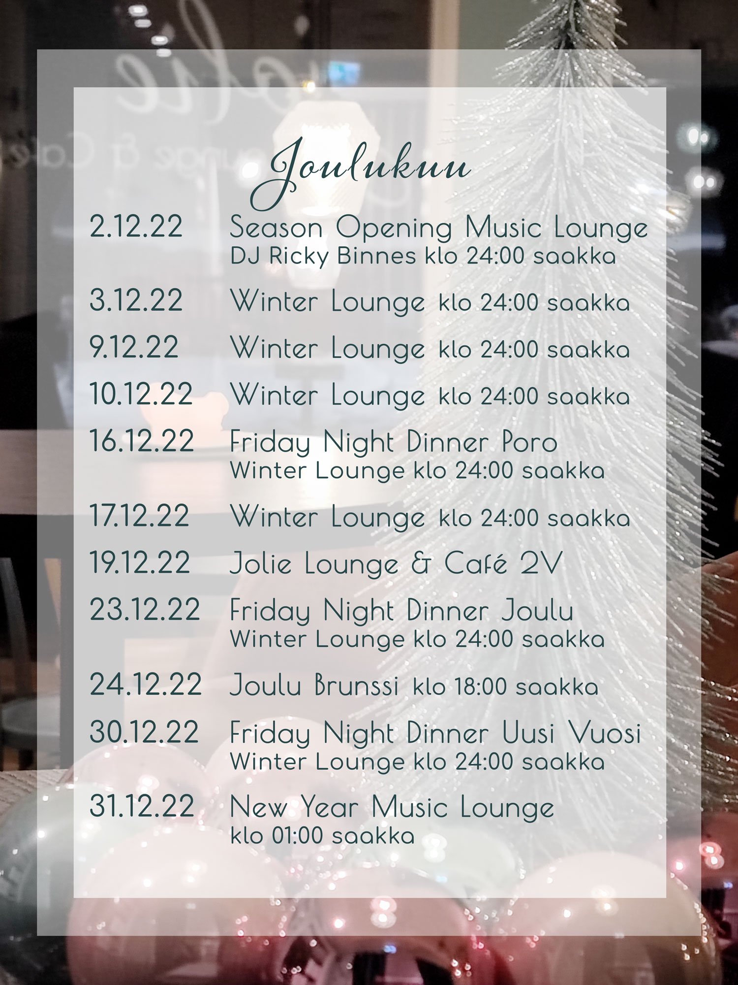 Jolie Lounge & Café tapahtumat joulukuu 2022